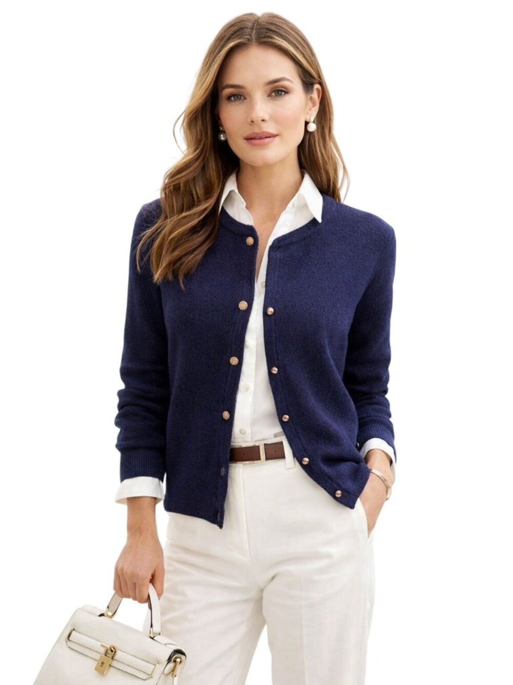 Womens S Brushed Wool Cardigan Sweater Navy/Purple Preppy Classic Sustainable